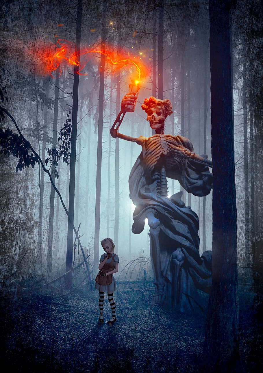 book cover, fantasy, skeleton, forest, girl, fire, trees, gloomy, light, mysterious
