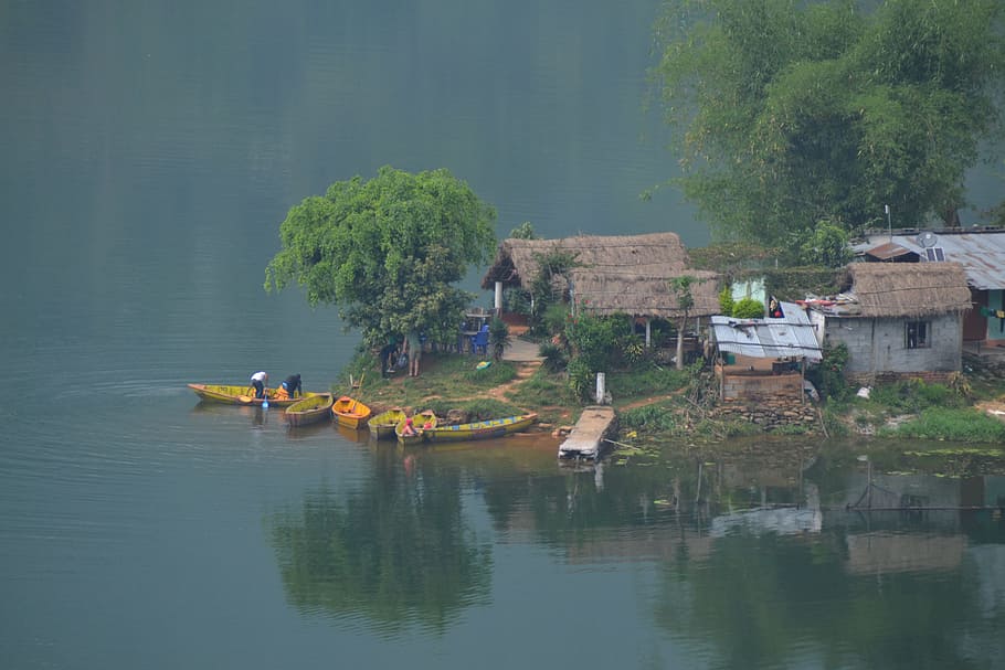Vila piscatória, Nepal, Begnas, Tal, água, natureza, lago, paisagem, reflexão, rio