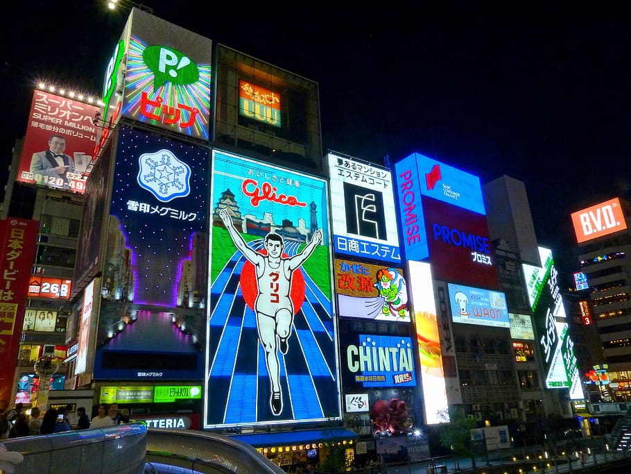 glica led sign, neon light, japan, osaka, colors, buildings, colorful, signboards, night, advertisements