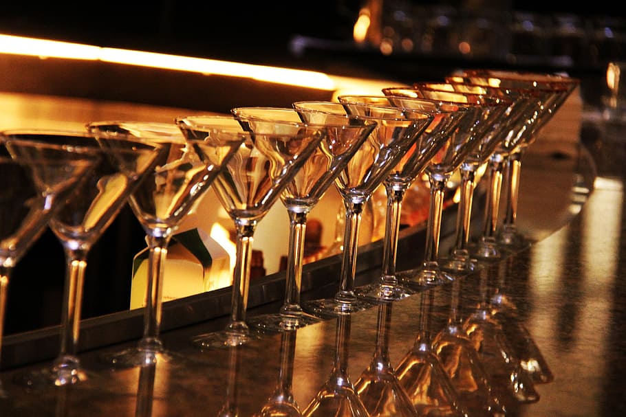 clear, martini glasses, table, top, martini glass, wine glass, bar, alcohol, liquor, happy hour