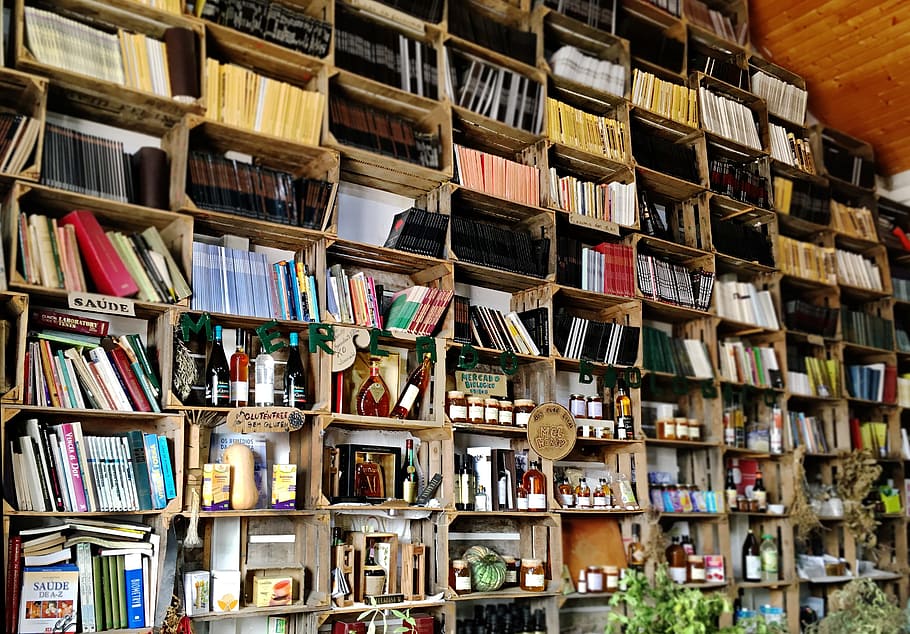biblioteca, mercado, libros, licores, estanterías, miel, cajas, publicación, libro, estantería