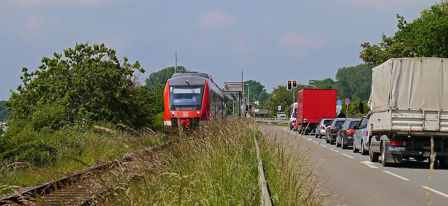 train has right of way, single-lane bascule bridge, rail - road, schlei, linda unis, nature, transport system, summer, travel, barrier