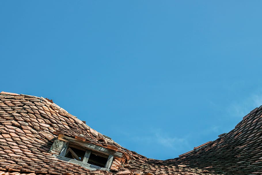 sótão, marrom, lado a lado, telhado, azul, céu, ensolarado, dia, estrutura, janela