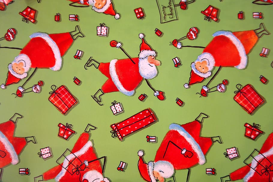 santa claus illustration, wrapping paper, santa clauses, funny, green, red, gift, made, packed, christmas