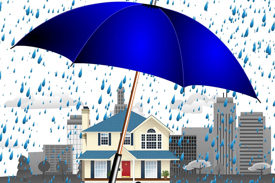 ilustrasi payung biru, rumah, properti, kota, kaki langit, latar belakang, hujan, payung, layar, penjaga