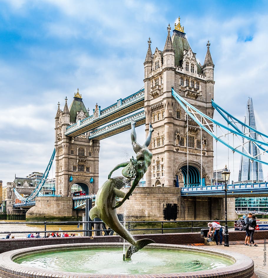 girl with a dolphin, tower bridge, london, england, bridge, architecture, famous, places of interest, built structure, building exterior