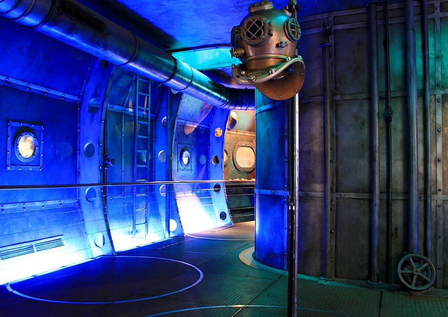 submarine, museum, diving bell, biosphere potsdam, indoors, illuminated, blue, architecture, lighting equipment, night