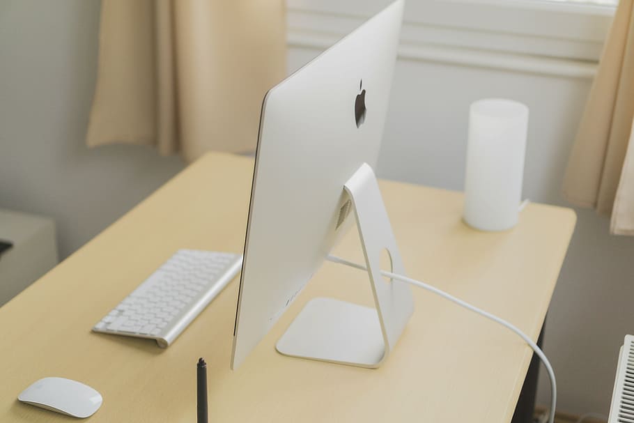 magic keyboard 2, magic mouse, silver imac, wooden, surface, table, office, work, white, apple