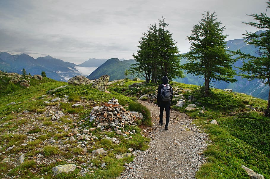 person, walking, gray, rocky, road, leading, body, water, mountain, highland