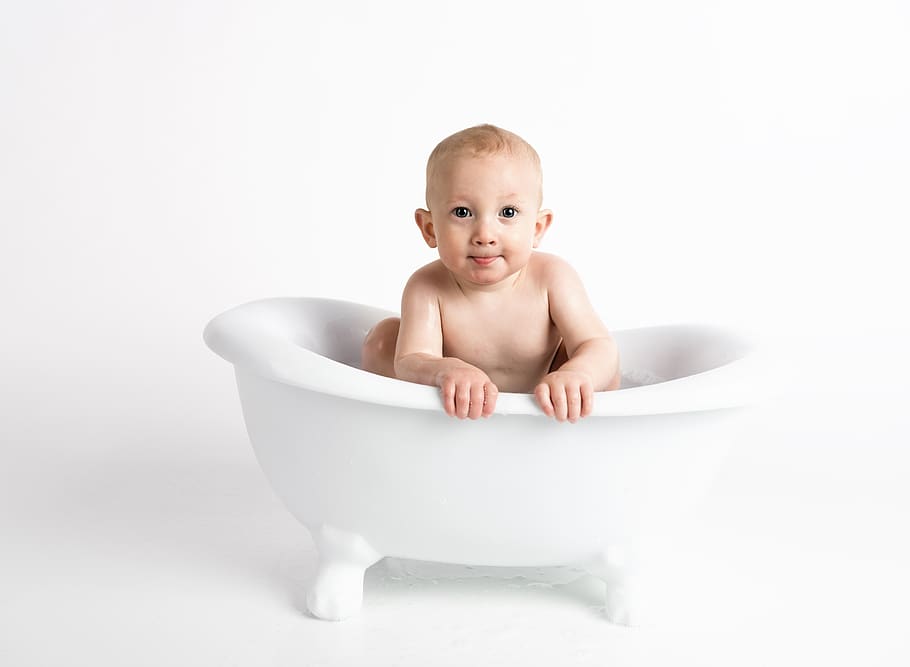 child, baby, minimalist, white background, cute, portrait, sitting, bath, happy, childhood
