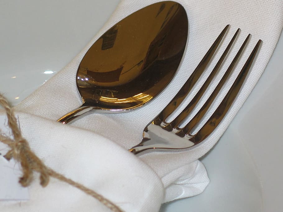 silver-colored spoon, fork, cutlery, cover, table, eat, board, gedeckter table, invitation, inn