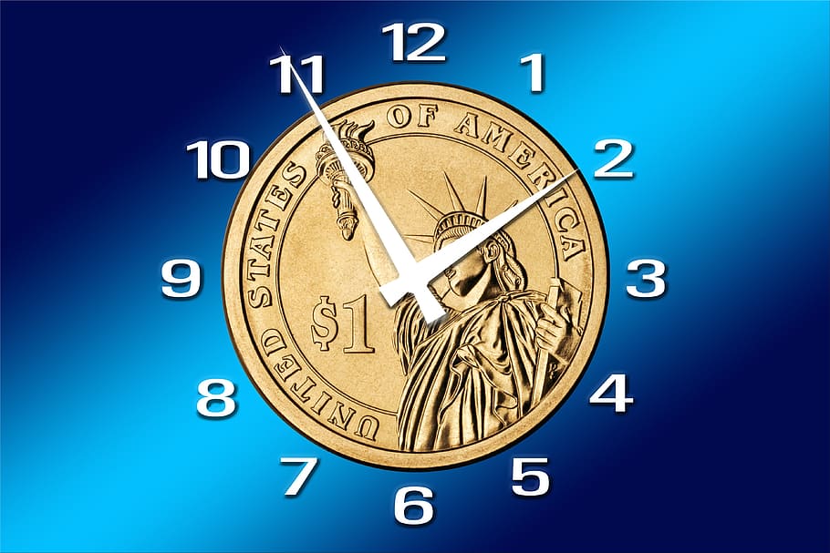 redondo, dorado, análogo, pared, reloj, ilustración, tiempo, el tiempo es dinero, forex, dólar