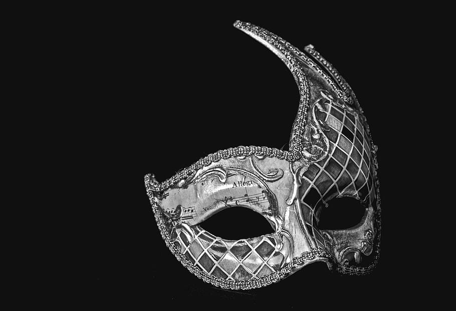 máscara de mascarada gris, máscara, carnaval, disfraz, fiesta, venecia, Foto de estudio, fondo negro, máscara - disfraz, copia espacio