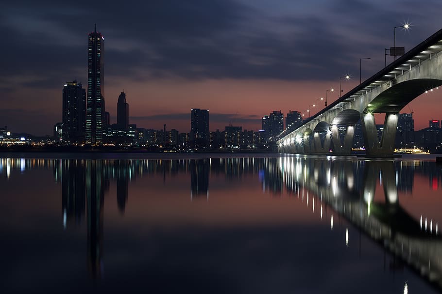 han river, night view, seoul, bridge, korea, night, a night view of seoul, light, city, street lights
