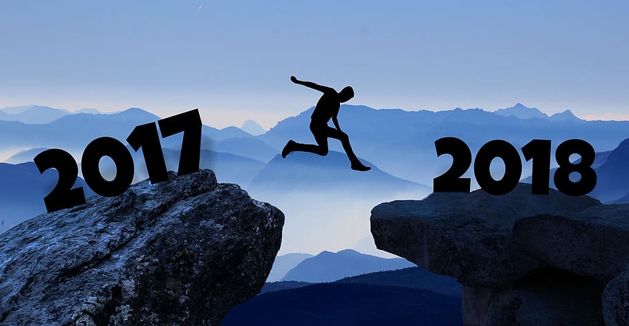silhouette, person, jumping, front 2017, 2018 cliff, design, 2017, 2018, new year, happy new year