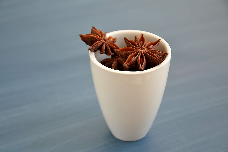seeds, mug, wooden, surface, spices, anise, star anise, seasonings, sprockets, pastry shop
