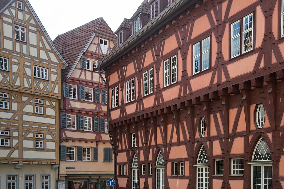 tiang penopang, abad pertengahan, fachwerkhaus, rumah, esslingen, eksterior bangunan, struktur yang dibangun, arsitektur, bangunan, jendela
