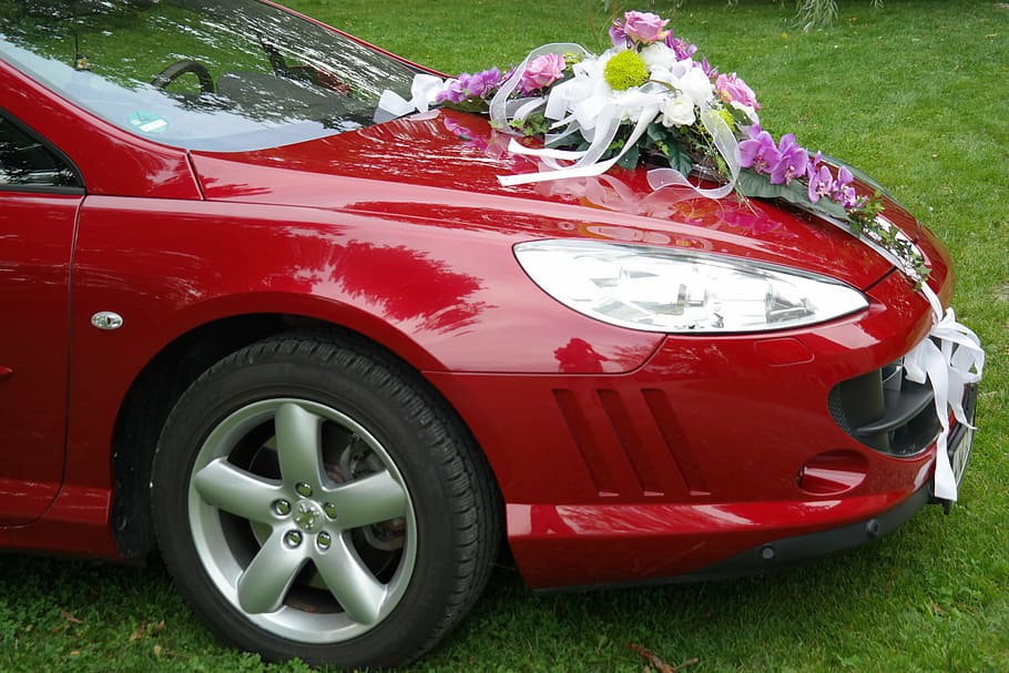 coche rojo, coche nupcial, boda, limusina, foco, flores, decoración, auto, rojo, peugeot