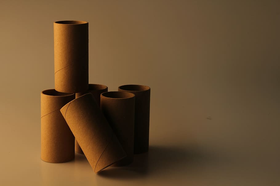 roll, paper, still life, indoors, rolled up, copy space, studio shot, close-up, brown, two objects