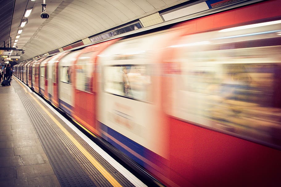 timelapse photo, red, white, train, underground, train station, subway, transportation, metro, railway