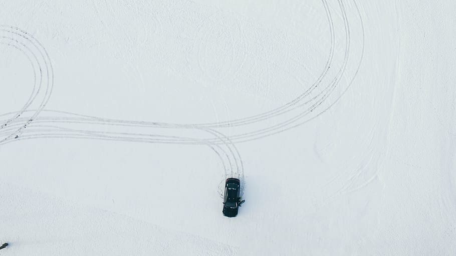 high-angle photography, car, snowfield, vehicle, trip, travel, snow, winter, aerial, view