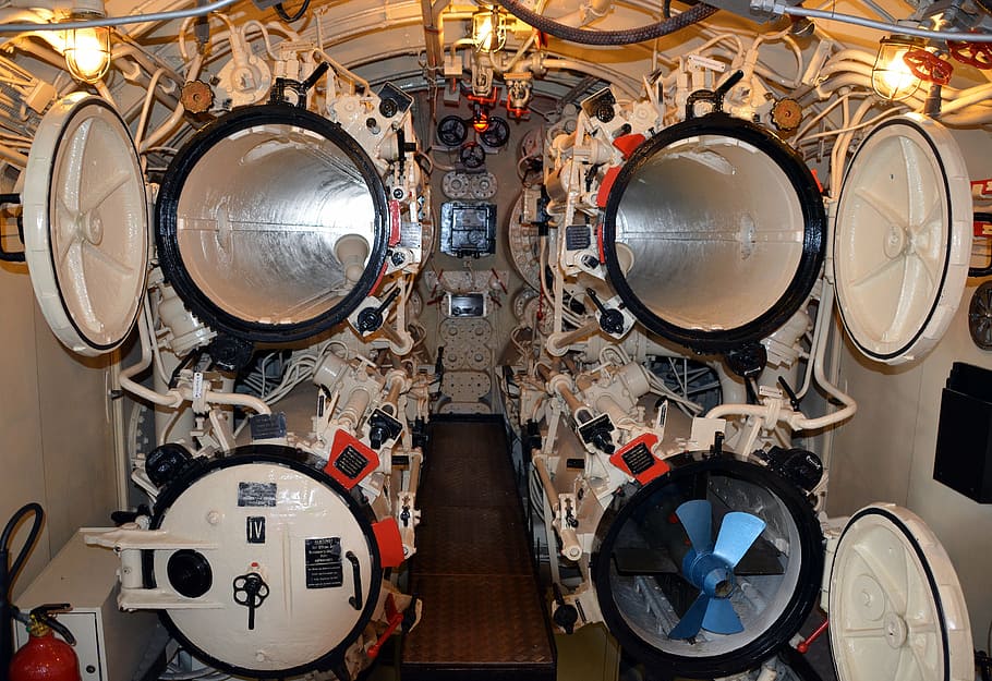 white, corded, industrial, machine, inside, room, submarine, underwater boat, torpedo tube, torpedeo