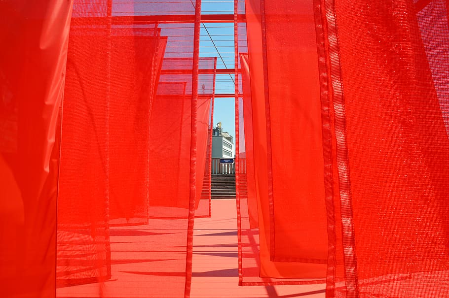 red, curtain, background, light, stage design, summer, curtains, architecture, built structure, day