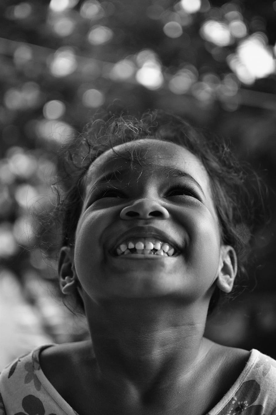 greyscale photo, smiling, girl, wearing, top, kid, vadey, people, black and white, child