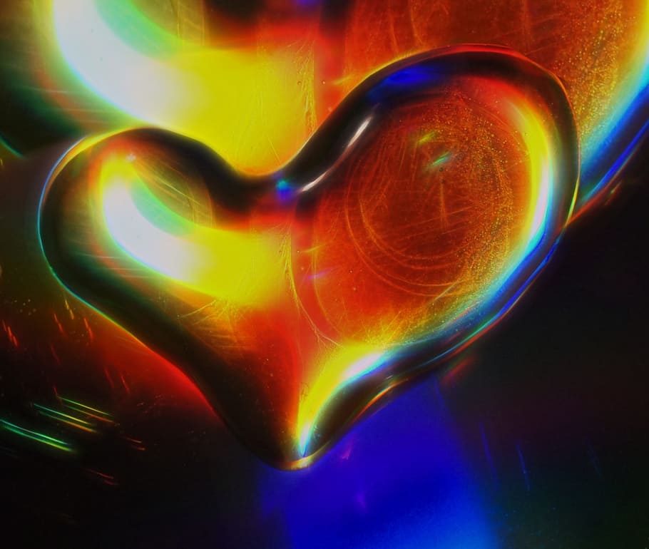 heart-shaped multicolored liquid, water, heart, spectrum, droplet, rainbow, color, light, blue, drop