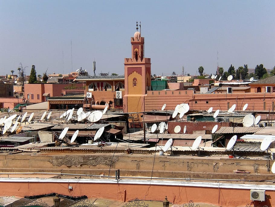 building, roofs, satellite dishes, watch tv, morocco, marrakech, minaret, historic buildings, architecture, building exterior
