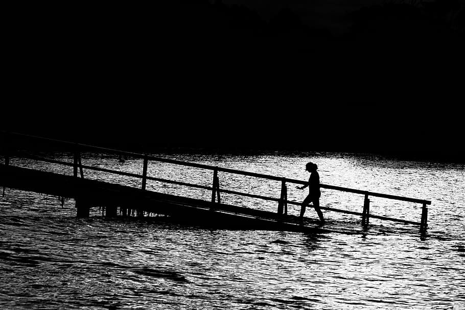 silhouette, person, walking, dock, nature, water, people, ramp, black and white, grayscale