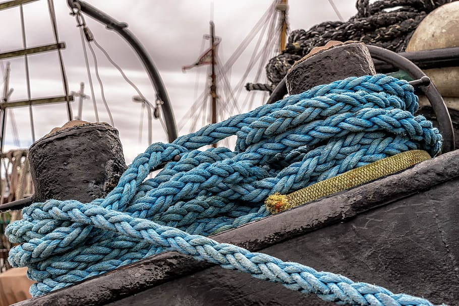 blue, rope, concrete, stumps, dew, canvas, ship traffic jams, moor, knotted, cordage