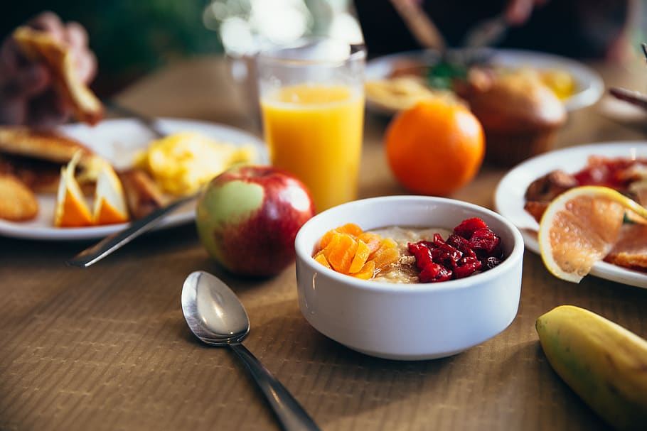 sehat, sarapan, prasmanan, buah, Jeruk, apel, lezat, piring, meja, mangkuk