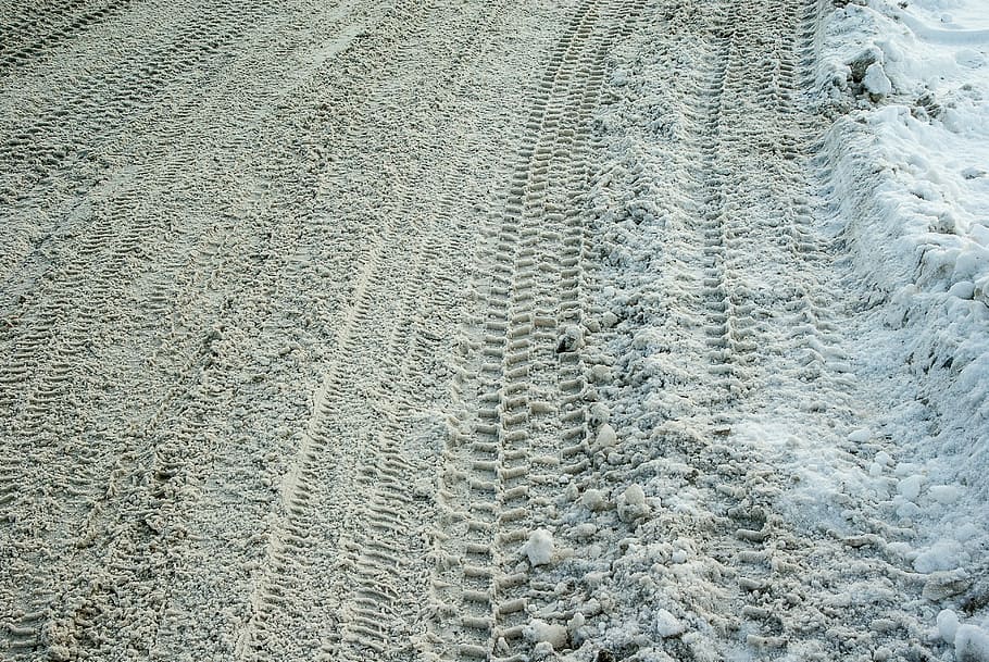 road, snow, tire tracks, icy road, high angle view, day, full frame, pattern, backgrounds, cold temperature