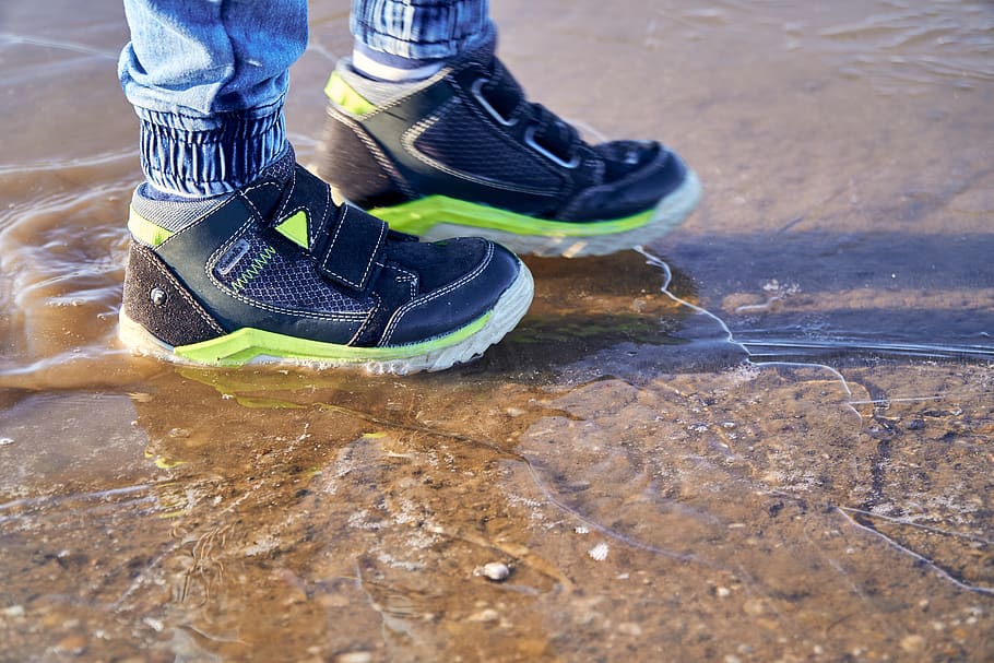 shoes, water, ice, puddle, frozen, child, small, feet, wet, play