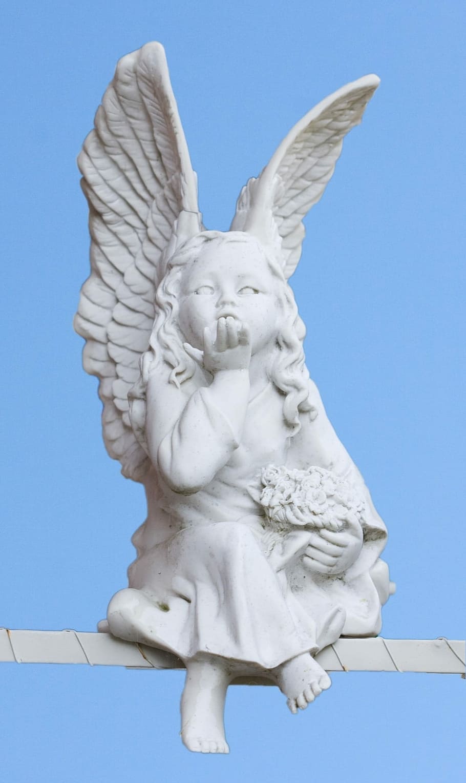 cherub ceramic figurine, Angel, Child, Girl, Kiss, Blowing, Cute, angel, child, blue, sky background