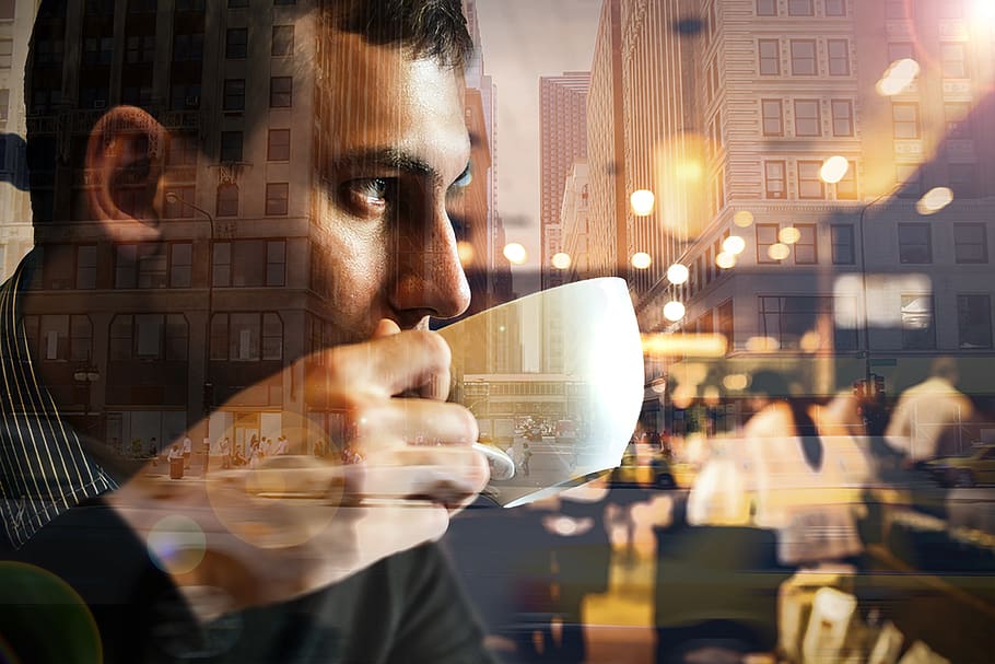 cup, cafeteria, cafe, man, drinking, coffee, city, one person, business, architecture