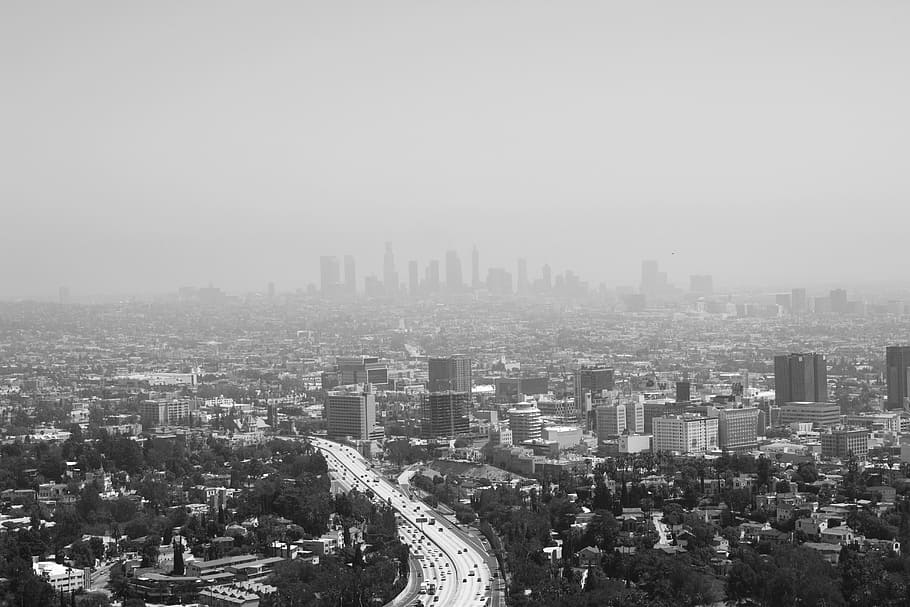 グレースケール写真, 高層ビル, ロサンゼルス, 都市, 風景, ロサンゼルスのスカイライン, ダウンタウン, カリフォルニア, アメリカ, 首都