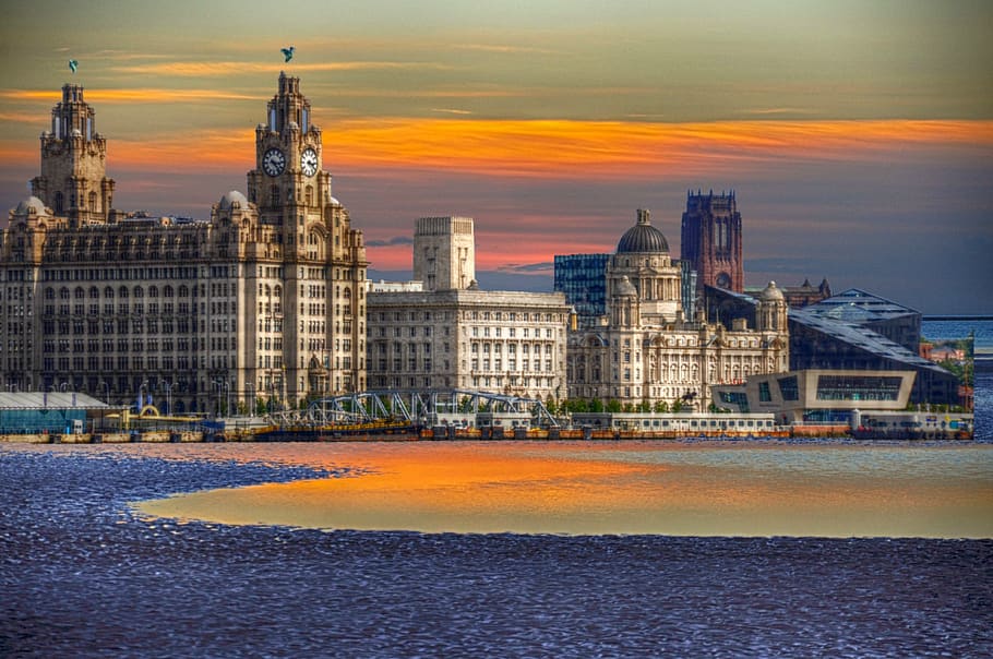 three graces, liverpool, england, sunset, liver, cunard, port of liverpool, architecture, building exterior, built structure