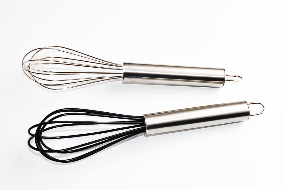 two, staineless, steel, hand, whisk, mixers, utensils, kitchen, food, cooking