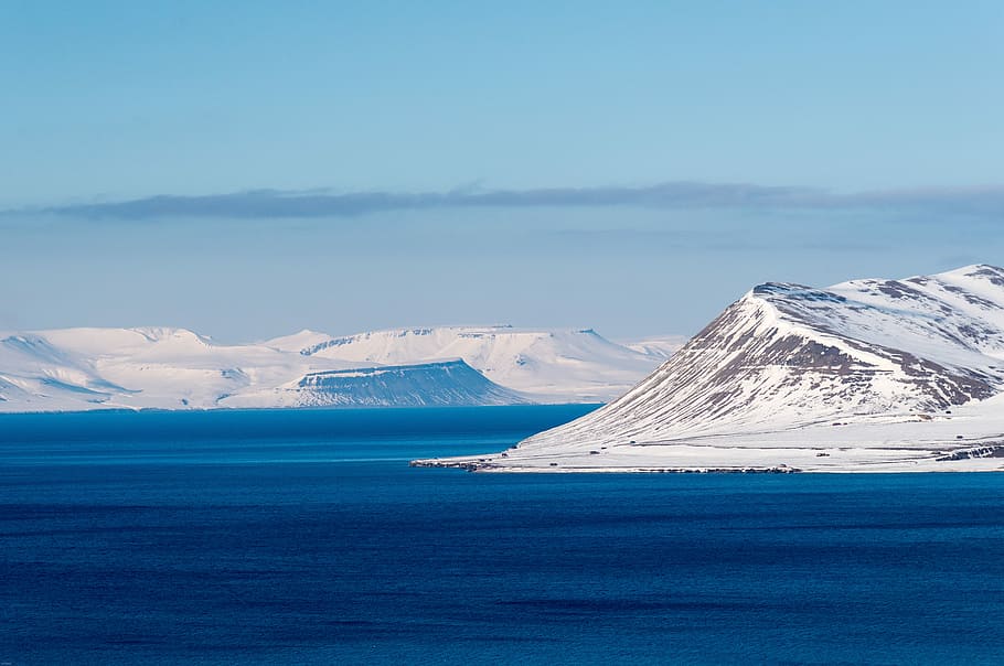 mountains, filled, body, water, Svalbard, Norway, Landscape, Snow, Polar, arctic