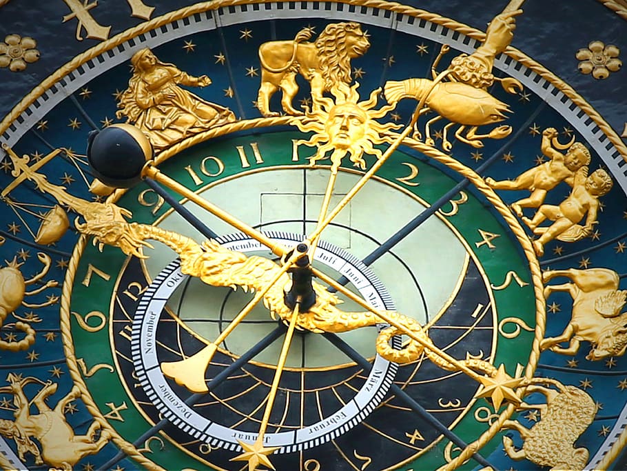 Verde, dorado, astronómico, dispositivo, reloj astronómico, reloj, hora, fecha, día, mes