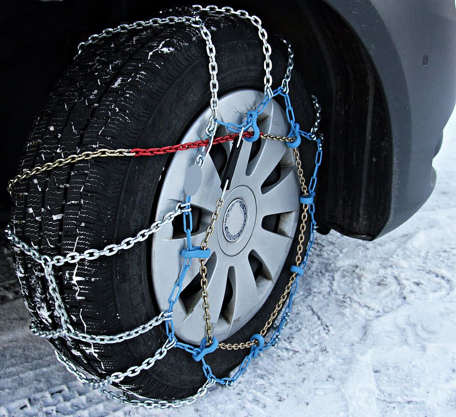 gray, vehicle wheel, tire, chains, snow chains, winter, snow, wintry, snowy, auto