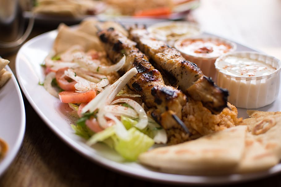 barbeque, vegetable garnish, Souvlaki, Authentic, Greek Food, authentic greek, mezes, food and drink, seafood, plate