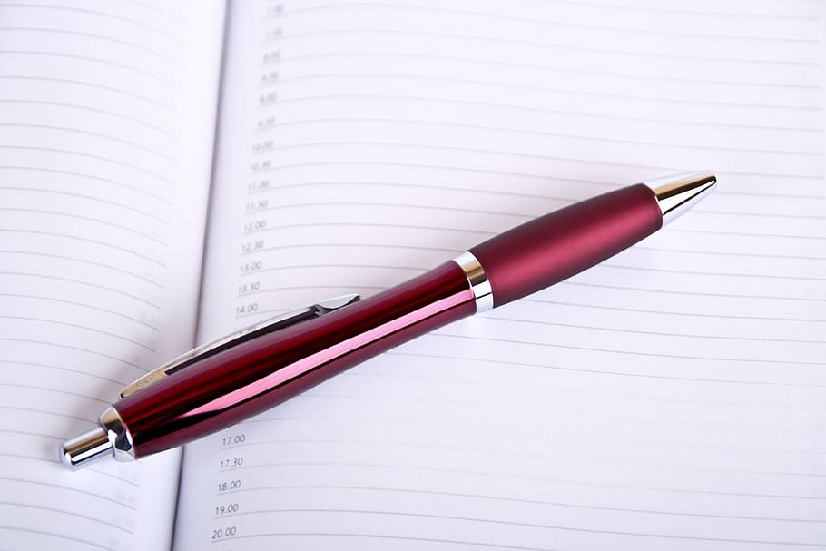red, retractable, pen, ruled, paper, time, plan, office, note, appointment