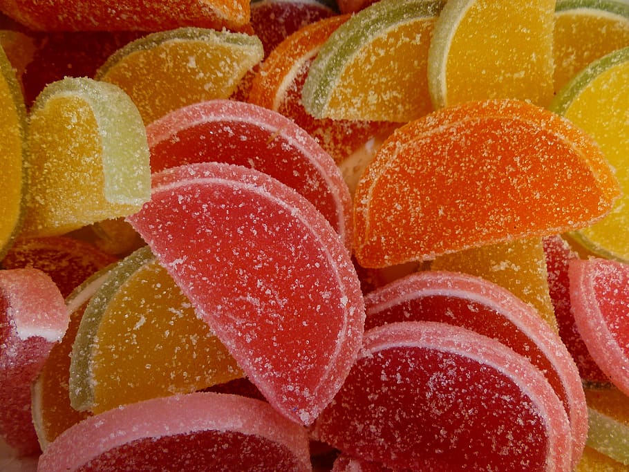 permen yang ditaburi gula, permen, jeli buah, buah jeruk, gula yang berlebihan, gula-gula, manis, suguhan, permen buatan tangan, warna