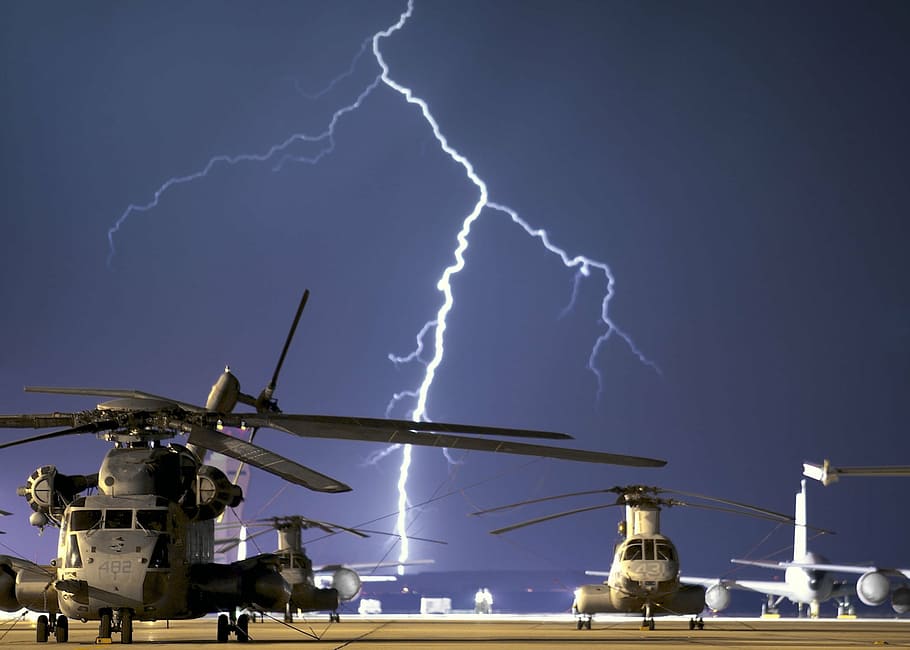 black, helicopters, body, water, lightning, strike, night, storm, bolt, weather