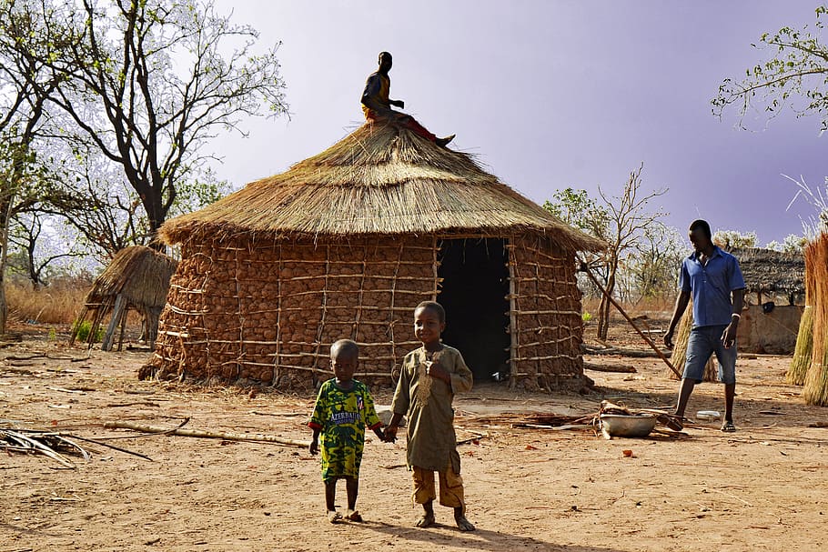 Ghana, West Africa, Village, africa, live, traditionally, hut, human, children, two people