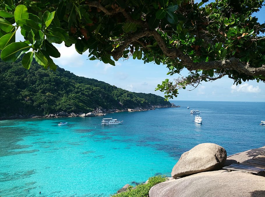 similan island, boats, azure, sea, paradise, beach, summer, nature, island, vacations