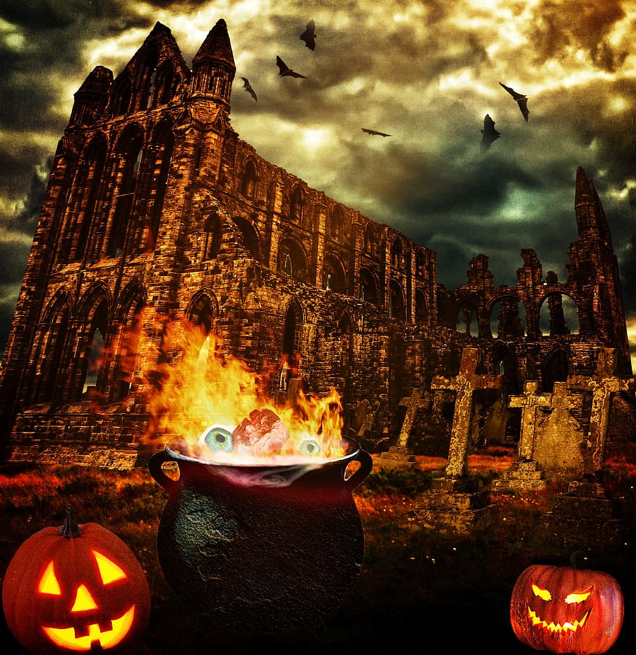 halloween, ruin, graves, halloweenkuerbis, bat, eyes, heart, fire pot, pot, fire